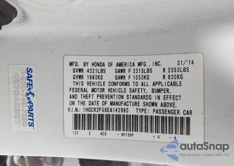 2014 Honda Accord Sport из США, поврежденный, VIN 1HGCR2F56EA140980